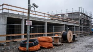 Sicherheitskamera auf einem Baustellenmast, im Vordergrund Kabeltrommeln