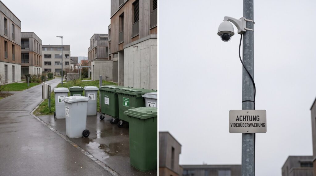 Sicherheitskamera an einer Sammelstelle für Wertstoffe, montiert auf einem Pfosten neben den Containern