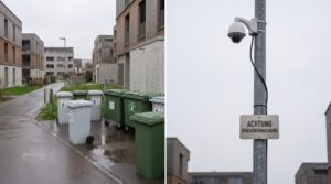 Sicherheitskamera an einer Sammelstelle für Wertstoffe, montiert auf einem Pfosten neben den Containern