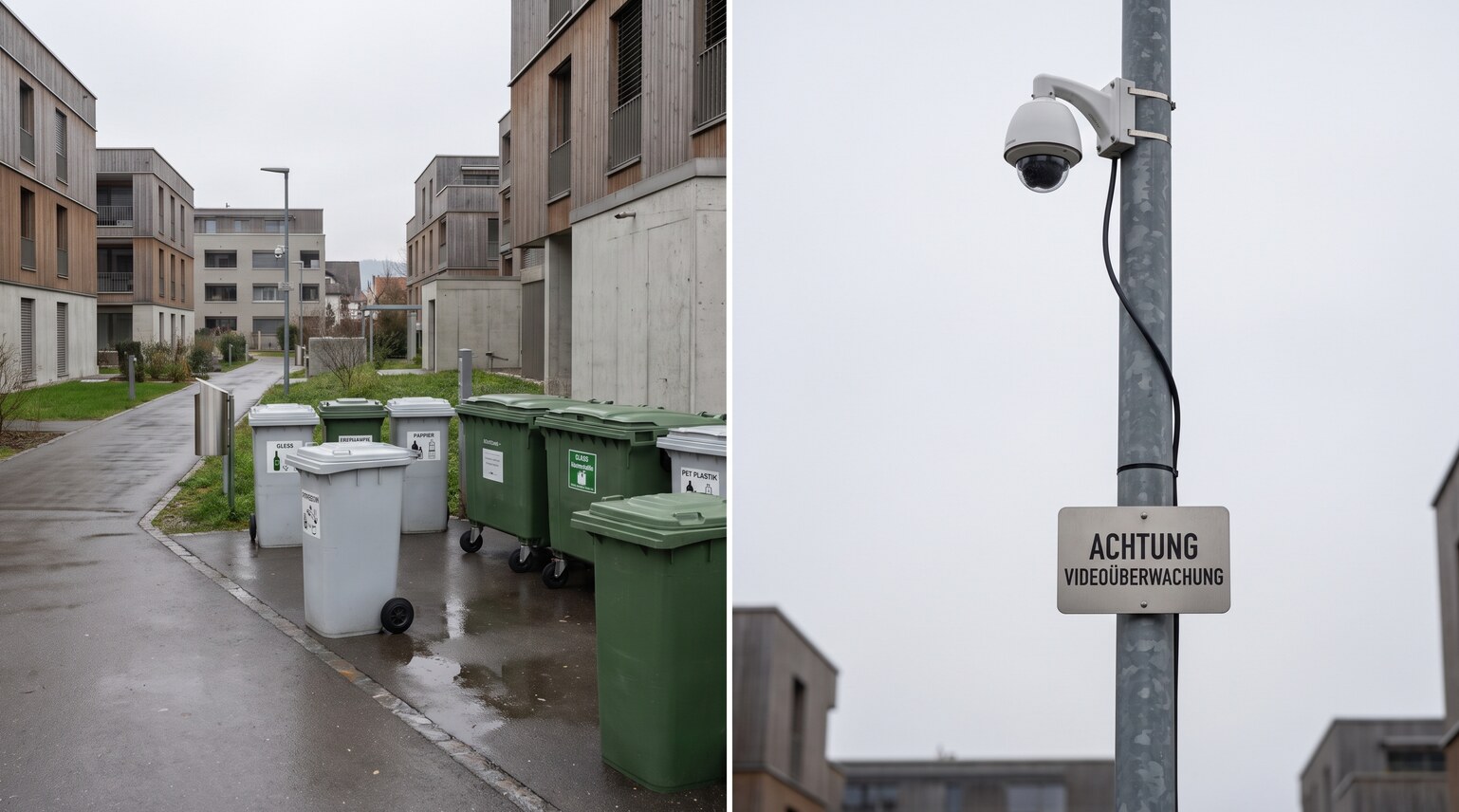 Sicherheitskamera an einer Sammelstelle für Wertstoffe, montiert auf einem Pfosten neben den Containern