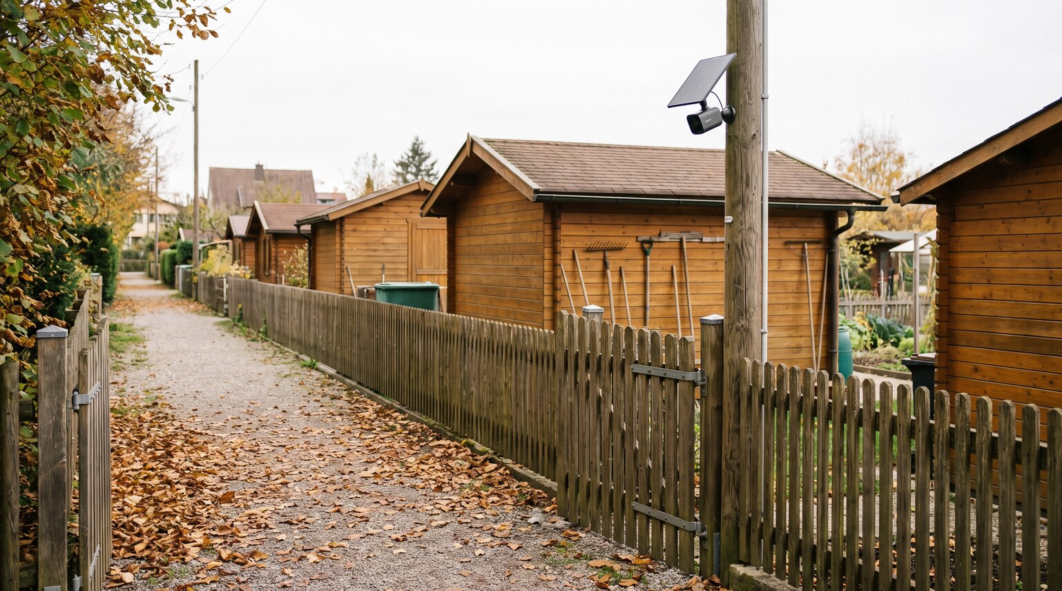 Solar-Sicherheitskamera an einem Holzpfosten beim Eingang eines Schrebergarten-Areals