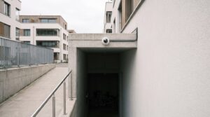 Sicherheitskamera über der Einfahrt zu einem unterirdischen Velokeller eines Mehrfamilienhauses