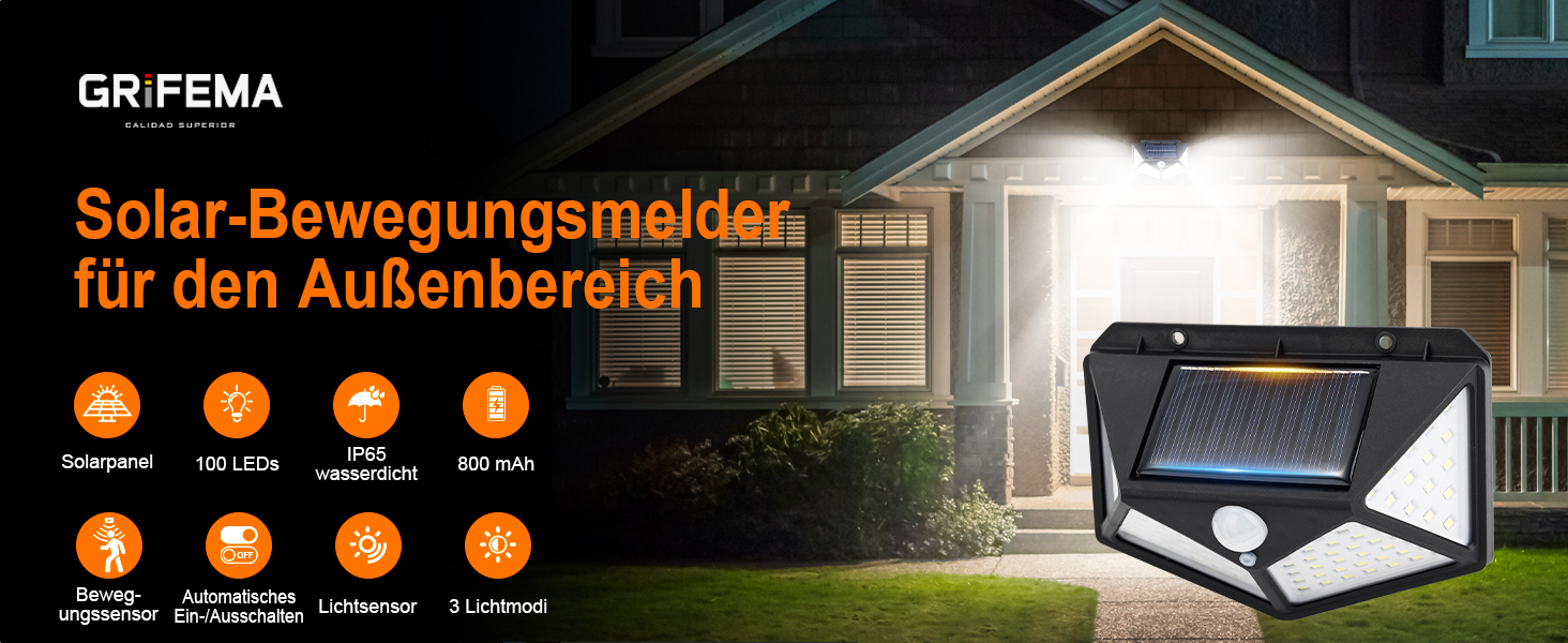 GRIFEMA Solarlampe für Aussen mit Bewegungsmelder und 100 LEDs – Detail 1