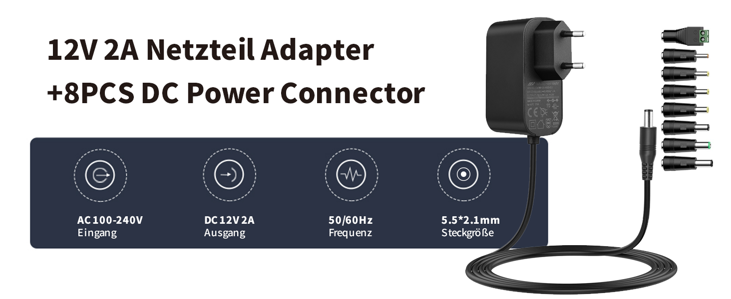 Tonton 12V 2A Netzteil mit 1,8 m Kabel und 8 DC-Steckern – Detail 1