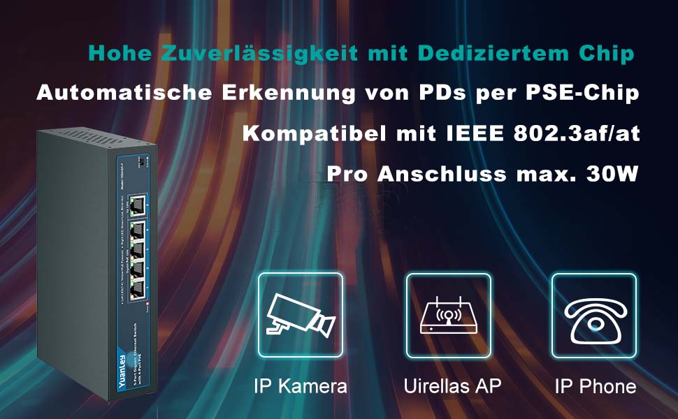 YuanLey 5-Port Gigabit PoE-Switch, 4 PoE+ Ports 78 W, unmanaged, lüfterlos – Detail 2