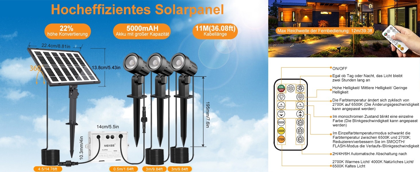 MEIKEE Solar Gartenstrahler mit Fernbedienung IP66, 3 oder 6 Stück – Detail 1