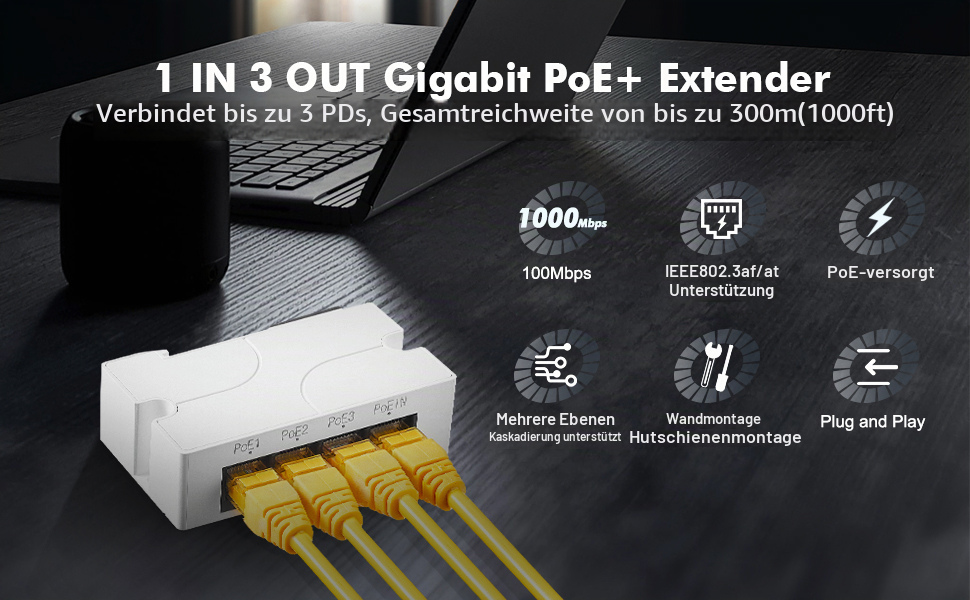 Binardat PoE-Extender 4 Port Gigabit, 1 In / 3 Out, 802.3af/at – Detail 1