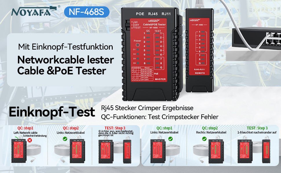Der NOYAFA NF-468S prüft Netzwerk- und Telefonkabel. Für den Test wird der Stecker am Haupt- und Remote-Gerät angeschlossen. – Detail 2
