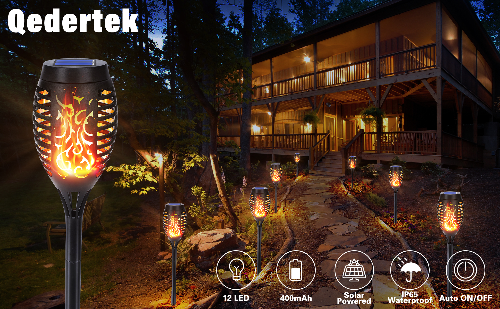 Qedertek Solarlampen Aussen Garten mit Flammeneffekt, 6 Stück, 12 LED – Detail 1