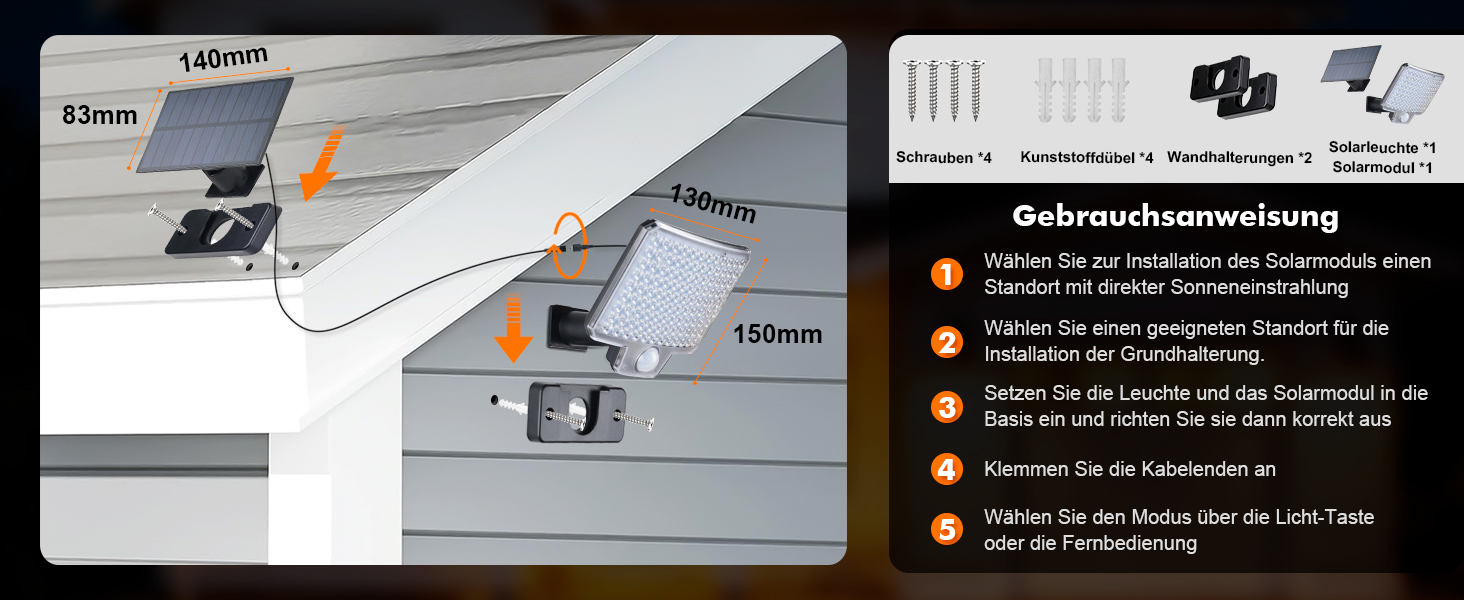 GRIFEMA Solar-Aussenleuchte mit Bewegungsmelder und separatem Solarpanel – Detail 4