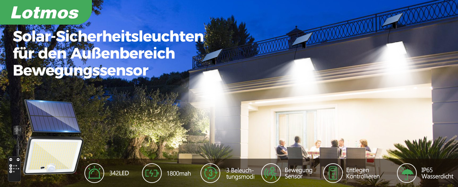 LOTMOS Solar-Aussenleuchte mit 342 LEDs und Bewegungsmelder – Detail 1