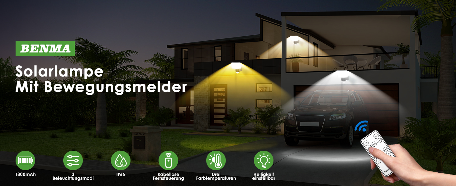 BENMA Solarlampe mit Bewegungsmelder und Fernbedienung – Detail 1