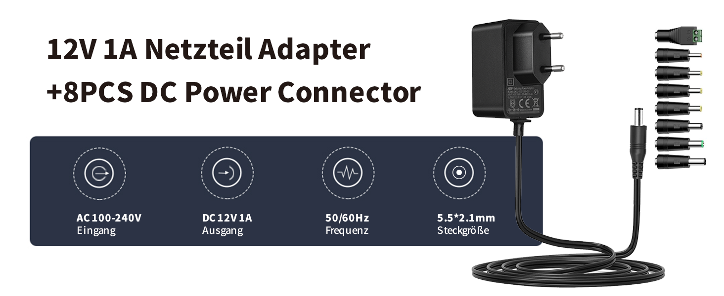 Tonton 12V 1A Netzteil mit 3 m Kabel und 8 DC-Steckern – Detail 1