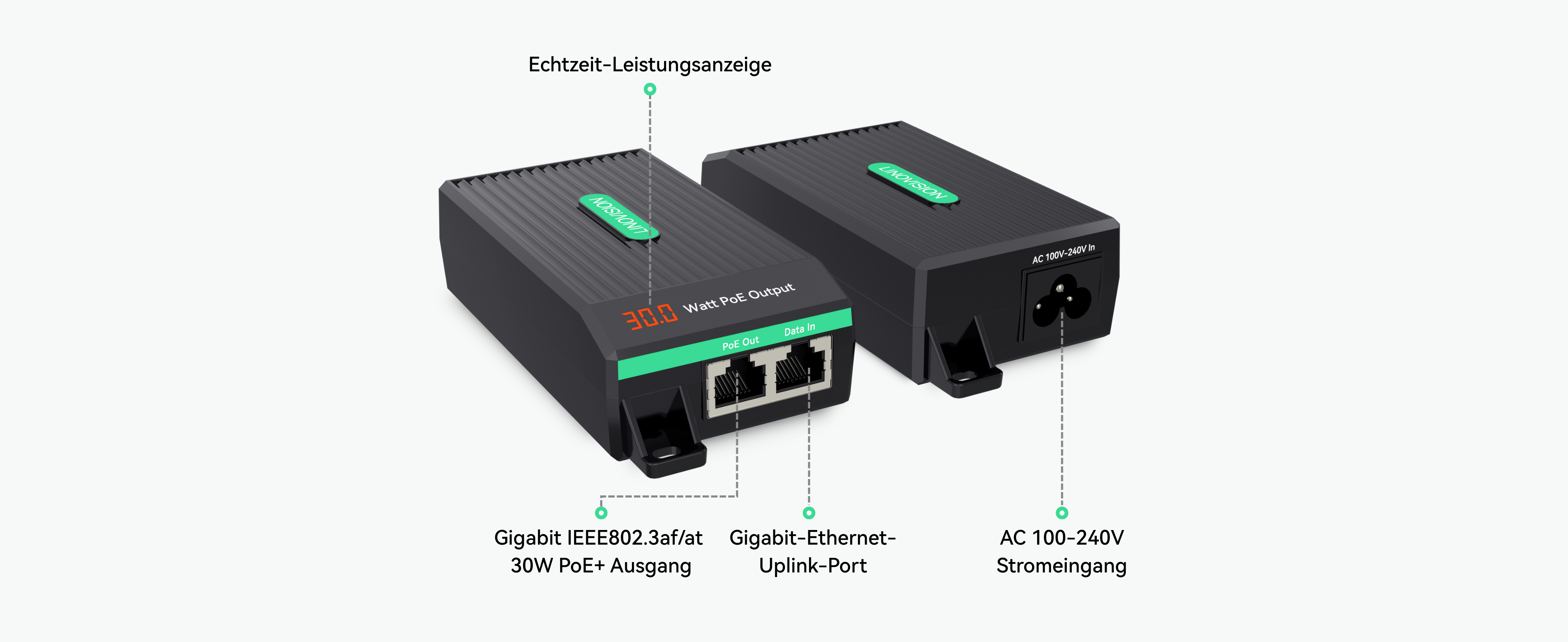 LINOVISION Gigabit PoE+ Injektor 30 W mit LED-Anzeige – Detail 2