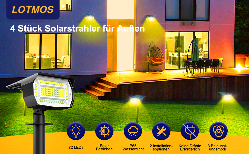 LOTMOS Solarstrahler Aussen Garten, 4 Stück 72 LED Warmweiss – Detail 1