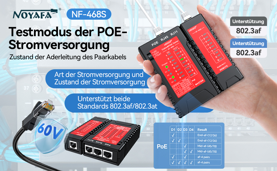 Der NOYAFA NF-468S prüft Netzwerk- und Telefonkabel. Für den Test wird der Stecker am Haupt- und Remote-Gerät angeschlossen. – Detail 3