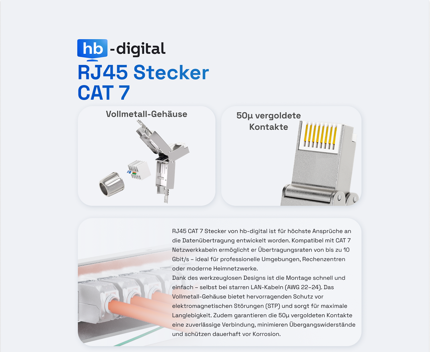 HB-DIGITAL CAT 7 RJ45 Stecker, 4 Stück, Zinkdruckguss – Detail 1