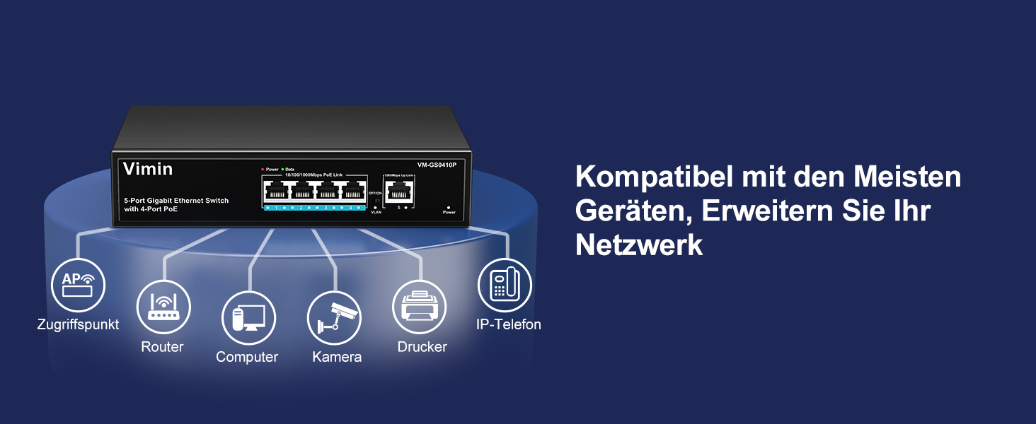 VIMIN 5-Port Gigabit PoE+ Switch, 4 PoE-Ports, 72 W, unmanaged, Metall – Detail 2
