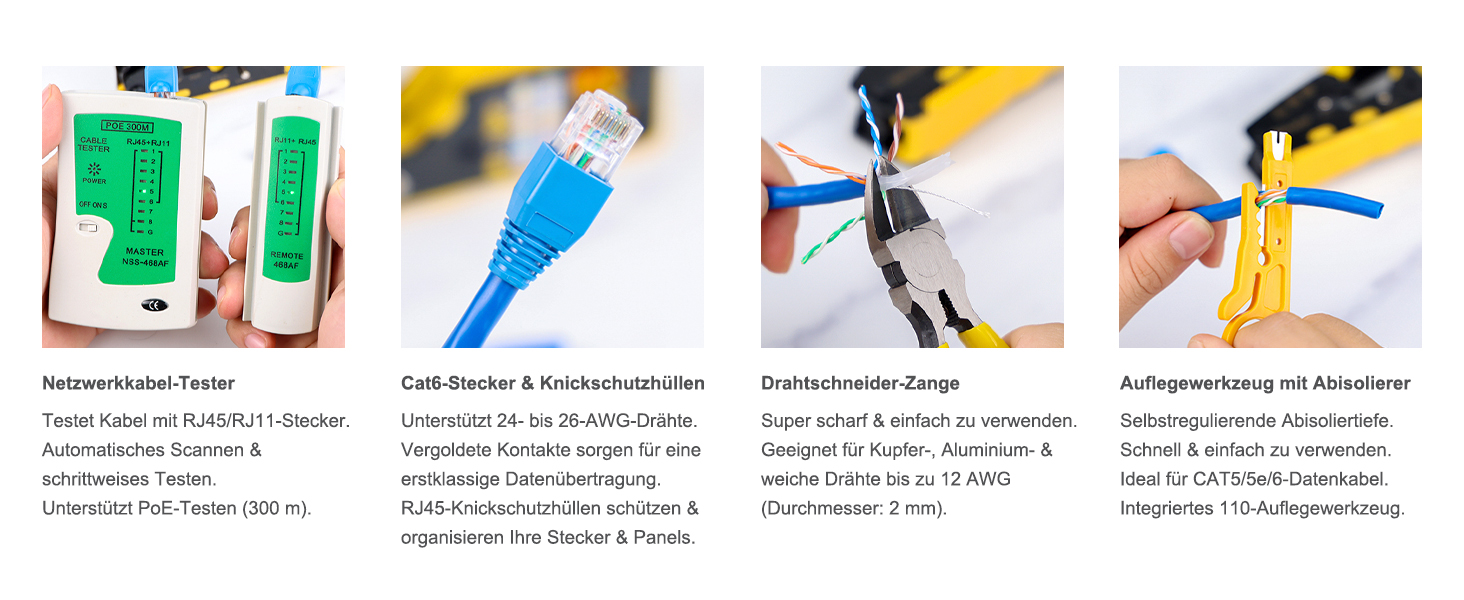 Die Solsop Crimpzange verarbeitet RJ45-Stecker mit Schritttechnik. Im Set liegen 50 Stecker, 50 Hüllen und ein Kabeltester. – Detail 3