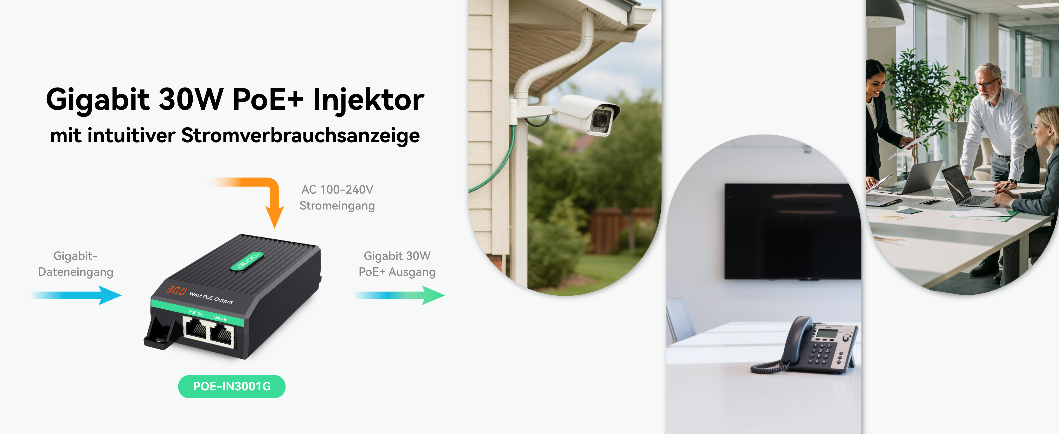 LINOVISION Gigabit PoE+ Injektor 30 W mit LED-Anzeige – Detail 1
