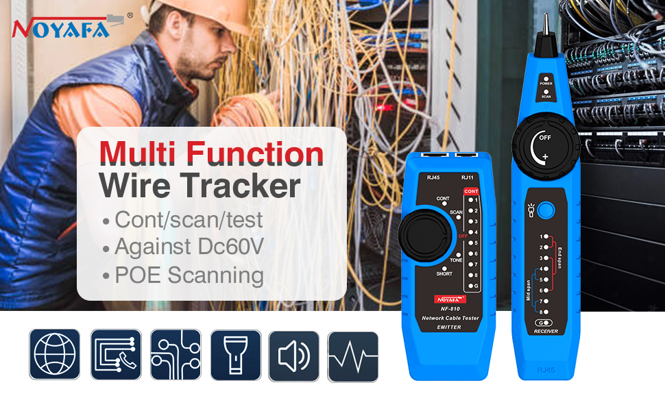 Der NOYAFA NF-810 testet LAN-Kabel mit Wiremap-Funktion und sucht Leitungen über Ton und Signalanzeige. Die Anzeige zeigt die Drahtreihenfolge. – Detail 1