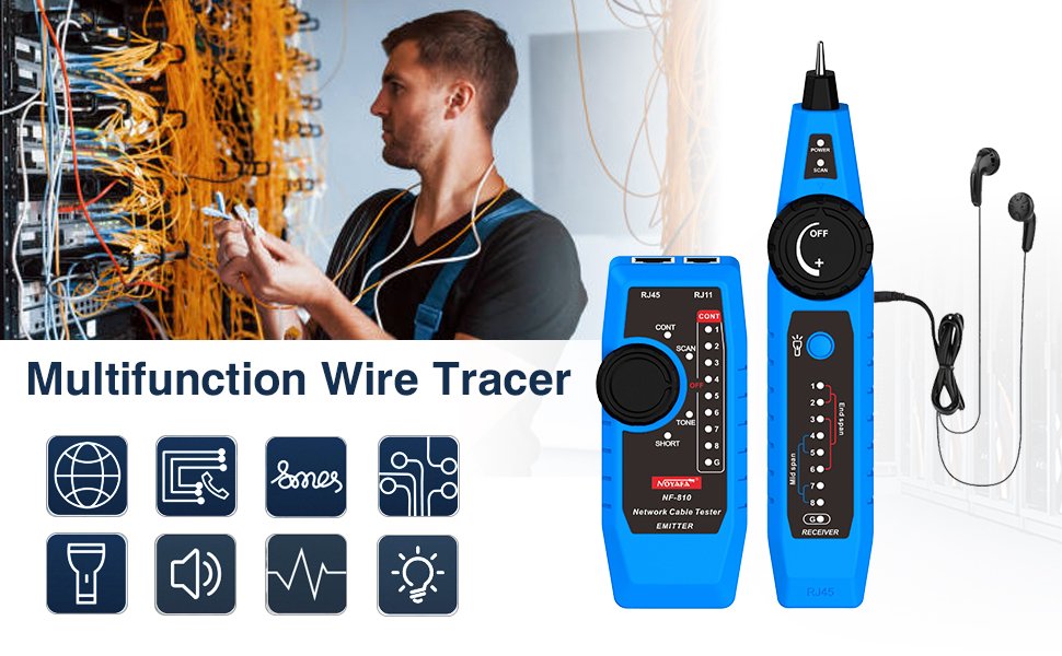 Der NOYAFA NF-810 testet LAN-Kabel mit Wiremap-Funktion und sucht Leitungen über Ton und Signalanzeige. Die Anzeige zeigt die Drahtreihenfolge. – Detail 5