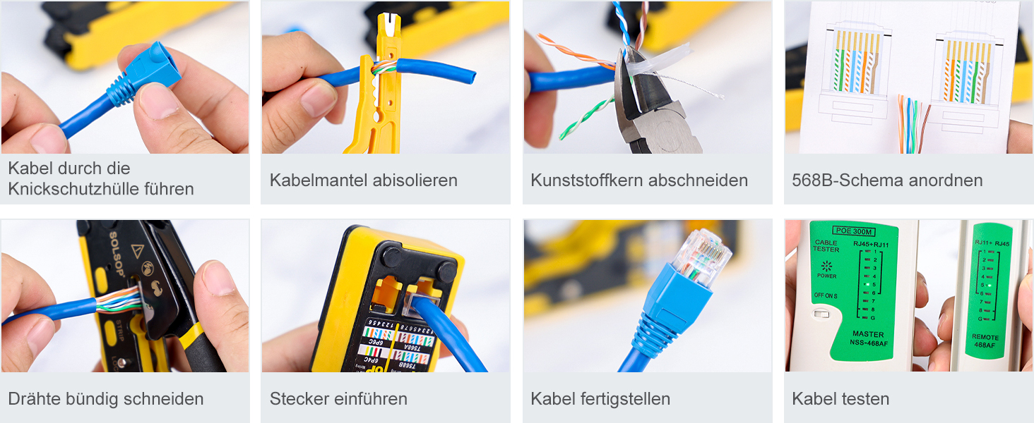 Die Solsop Crimpzange verarbeitet RJ45-Stecker mit Schritttechnik. Im Set liegen 50 Stecker, 50 Hüllen und ein Kabeltester. – Detail 5