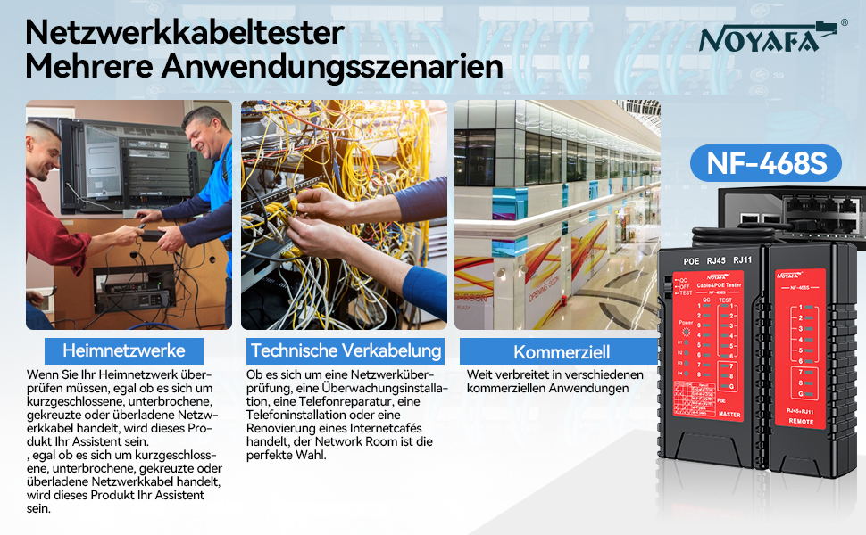 Der NOYAFA NF-468S prüft Netzwerk- und Telefonkabel. Für den Test wird der Stecker am Haupt- und Remote-Gerät angeschlossen. – Detail 7