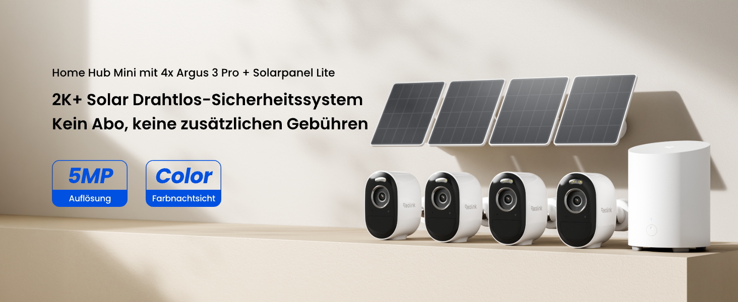 Reolink Home Hub Mini mit vier Argus 3 Pro Solar-Überwachungskameras – Detail 1
