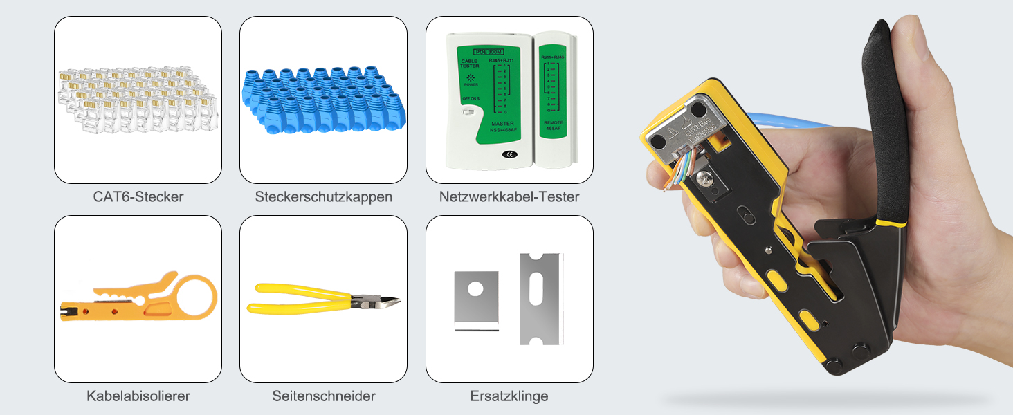 Die Solsop Crimpzange verarbeitet RJ45-Stecker mit Schritttechnik. Im Set liegen 50 Stecker, 50 Hüllen und ein Kabeltester. – Detail 4