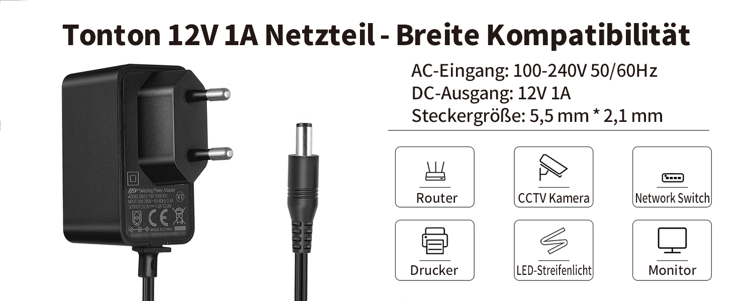 Tonton 12V 1A Netzteil mit 3 m Kabel und 8 DC-Steckern – Detail 2