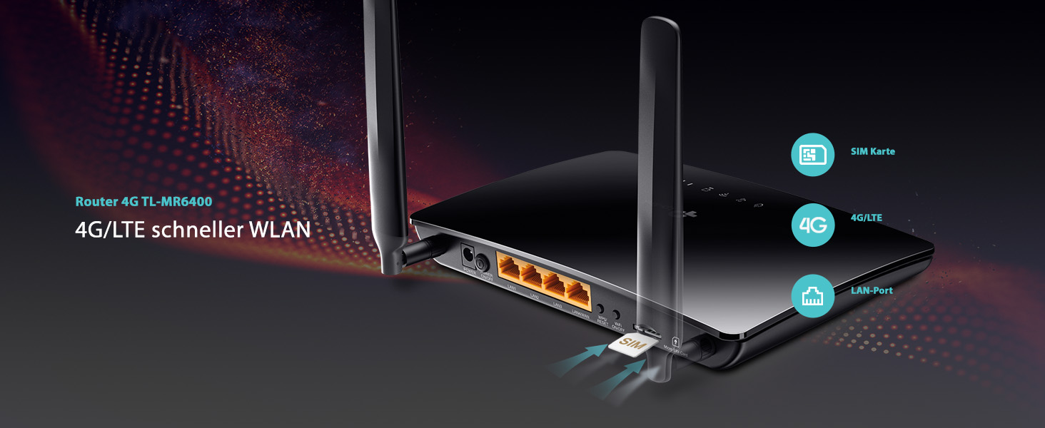 TP-Link TL-MR6400 4G LTE Router mit Antennen und SIM-Kartensteckplatz – Detail 1