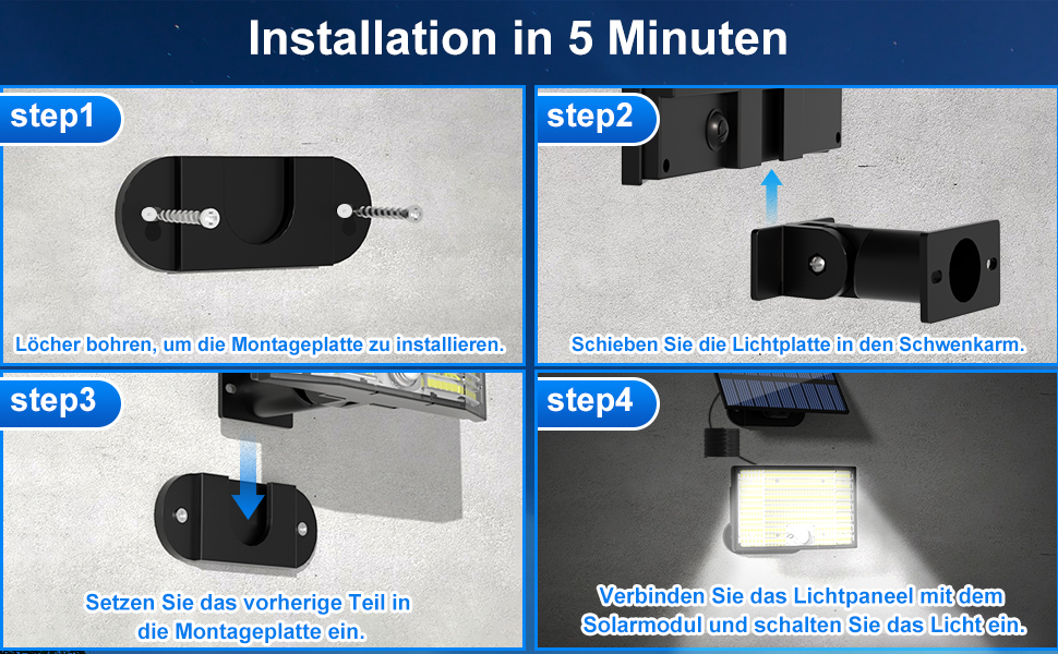 MinPea Solarlampe Kaltweiss mit Bewegungsmelder und getrenntem Solarmodul – Detail 7