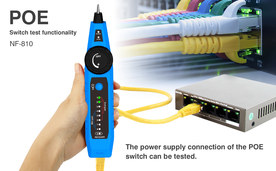 Der NOYAFA NF-810 testet LAN-Kabel mit Wiremap-Funktion und sucht Leitungen über Ton und Signalanzeige. Die Anzeige zeigt die Drahtreihenfolge. – Detail 3