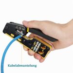 Die Solsop Crimpzange verarbeitet RJ45-Stecker mit Schritttechnik. Im Set liegen 50 Stecker, 50 Hüllen und ein Kabeltester.