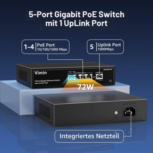 VIMIN 5-Port Gigabit PoE+ Switch, 4 PoE-Ports, 72 W, unmanaged, Metall