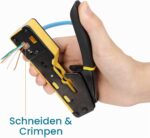 Die Solsop Crimpzange verarbeitet RJ45-Stecker mit Schritttechnik. Im Set liegen 50 Stecker, 50 Hüllen und ein Kabeltester.