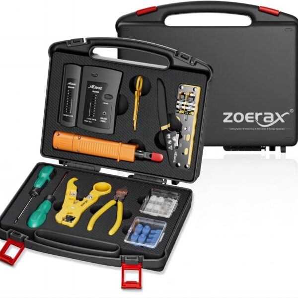 Das ZOERAX Set enthält Crimper, Stanzwerkzeug, Abisolierer und einen Kabeltester im Koffer.