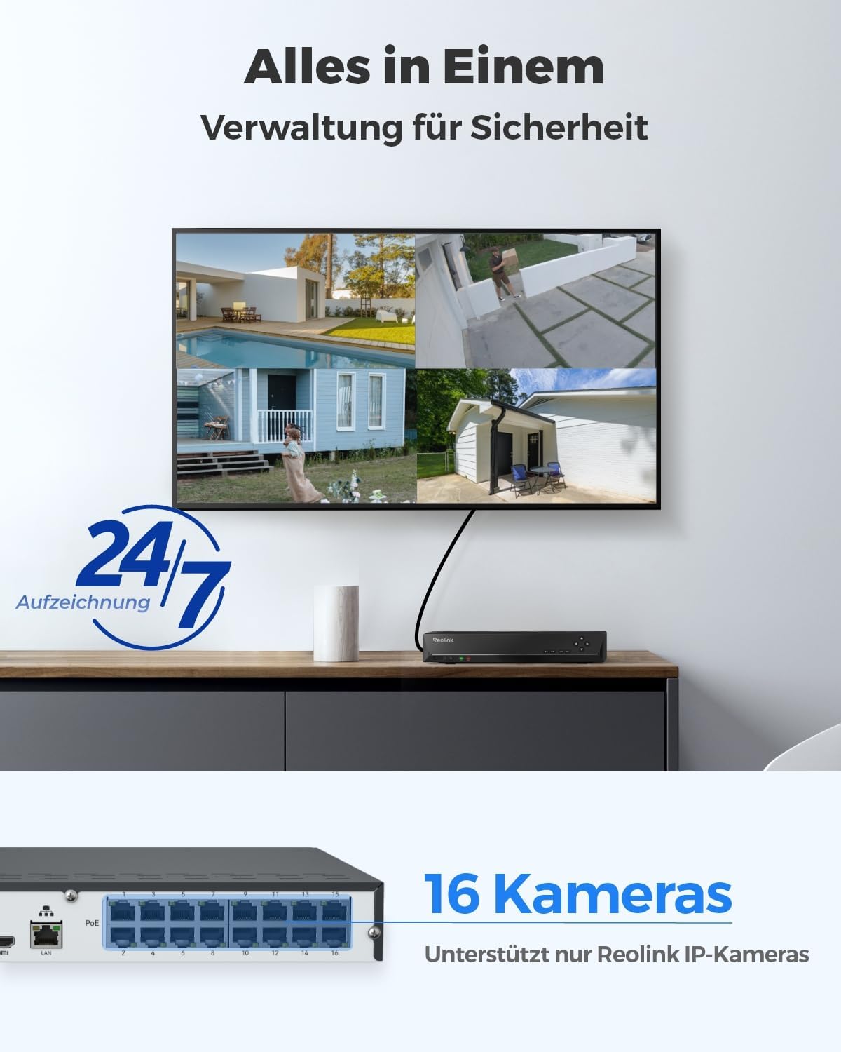 Reolink RLN16-410 Bild 1 Reolink RLN16-410 PoE NVR mit 4 TB Festplatte Produktfoto