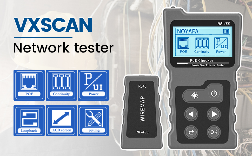 Der VXSCAN NF-488 zeigt Kurzschluss, Querverdrahtung und Unterbrechungen im Kabel an. Die PoE-Funktion prüft die Versorgung der Geräte. – Detail 1