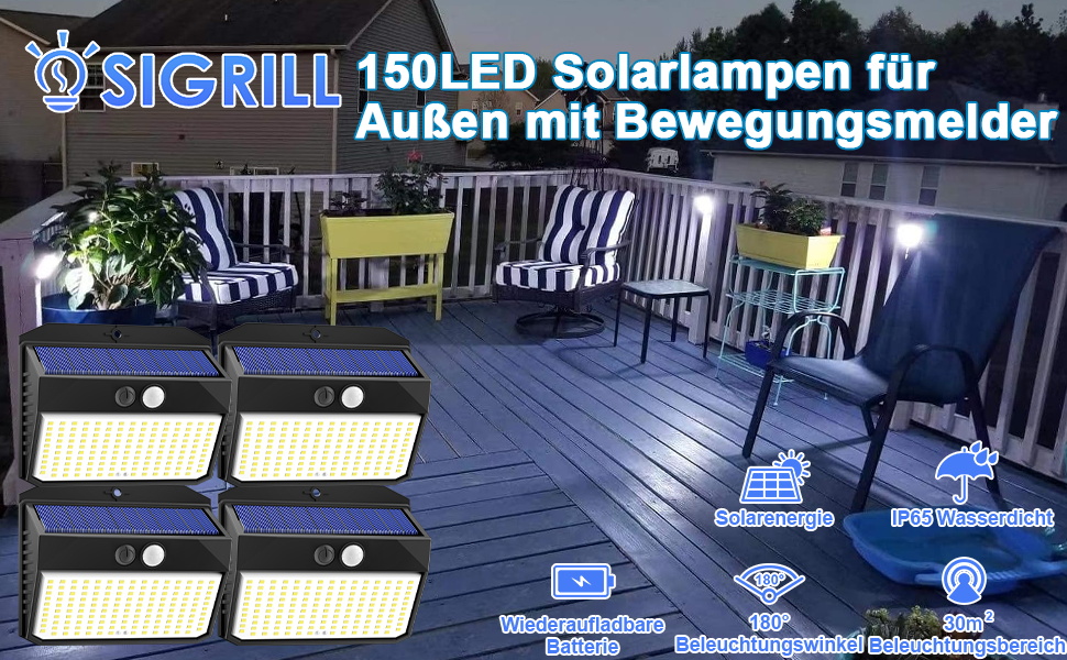 SIGRILL Solarlampen Aussen mit Bewegungsmelder, 4 oder 6 Stück, 150 LED – Detail 1