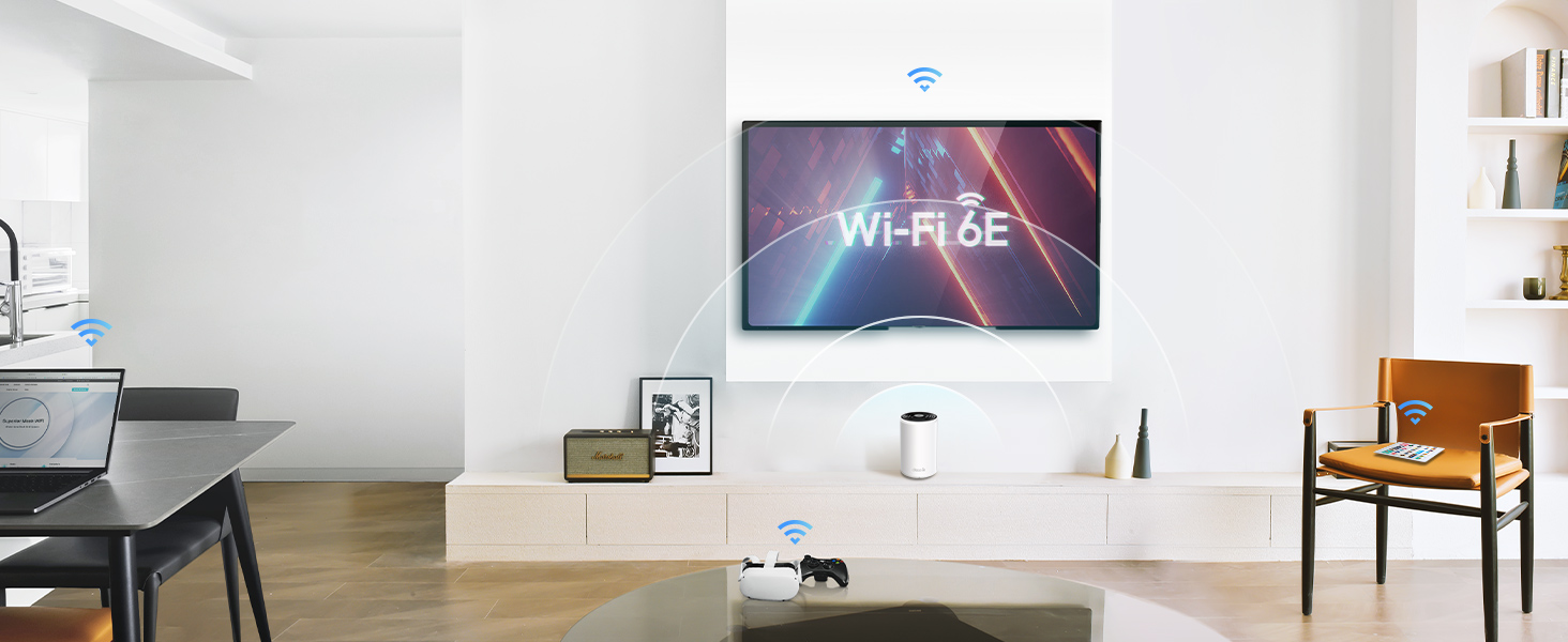 TP-Link Deco XE75 Mesh-WLAN-System mit drei weissen Einheiten – Detail 4