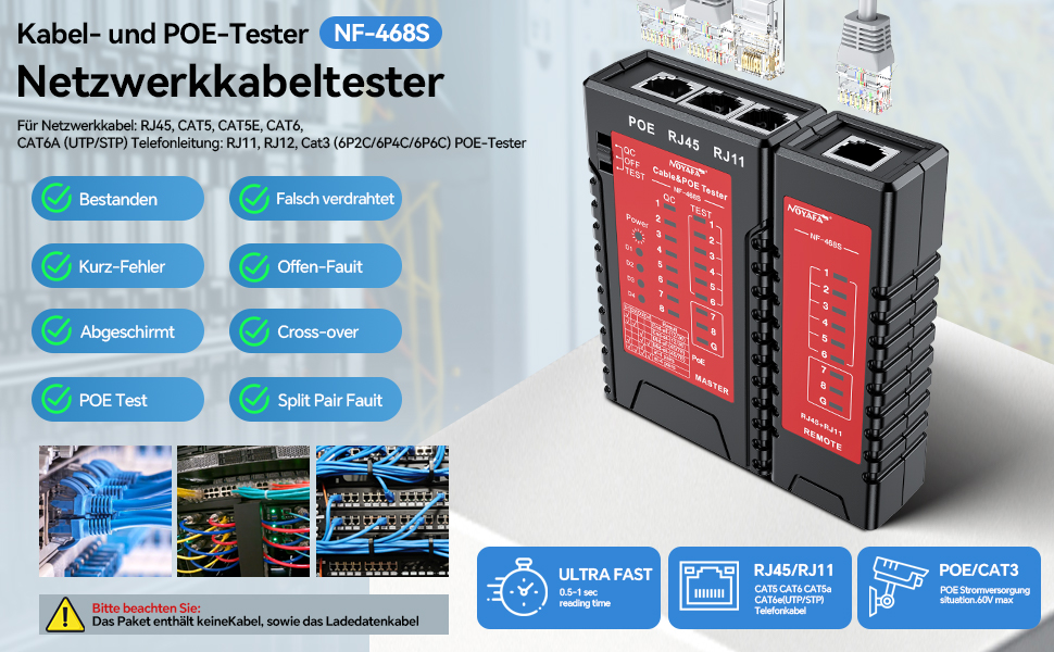 Der NOYAFA NF-468S prüft Netzwerk- und Telefonkabel. Für den Test wird der Stecker am Haupt- und Remote-Gerät angeschlossen. – Detail 4