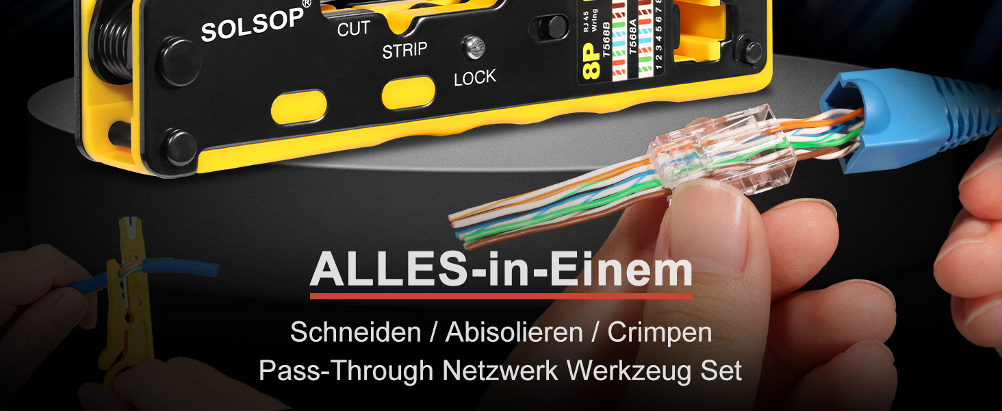 Die Solsop Crimpzange verarbeitet RJ45-Stecker mit Schritttechnik. Im Set liegen 50 Stecker, 50 Hüllen und ein Kabeltester. – Detail 2
