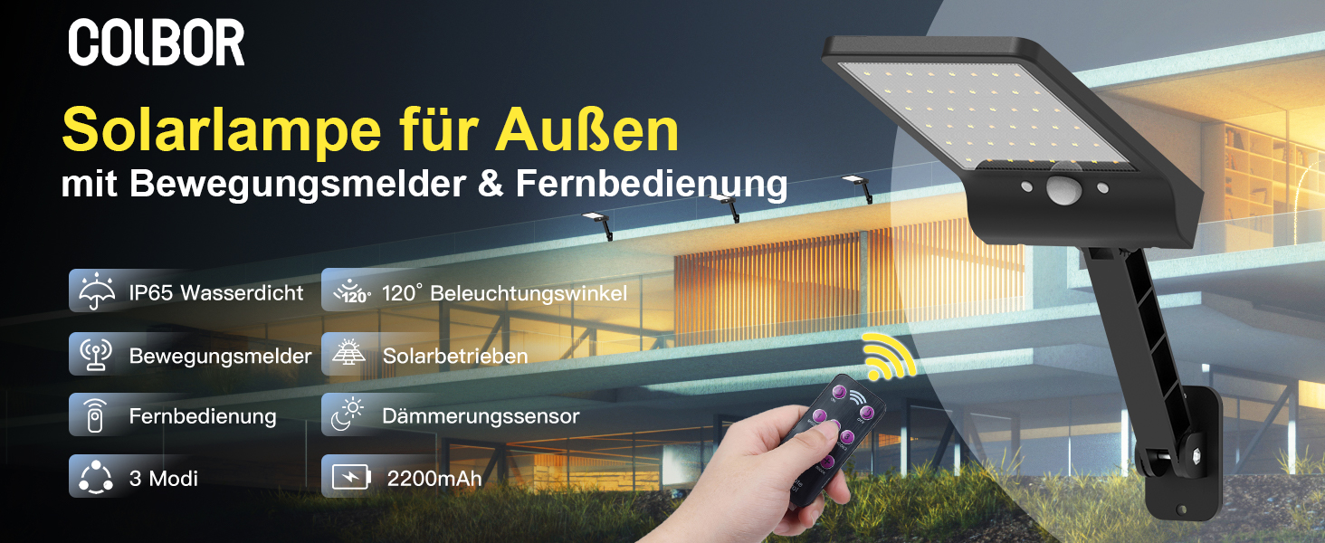 COLBOR SL48 Solarlampe mit Bewegungsmelder und Fernbedienung – Detail 1