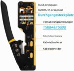 Die Solsop Crimpzange verarbeitet RJ45-Stecker mit Schritttechnik. Im Set liegen 50 Stecker, 50 Hüllen und ein Kabeltester.