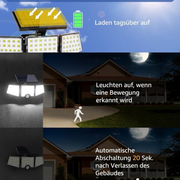 Lepro Solarlampe Aussen mit Bewegungsmelder und drei LED-Panelen