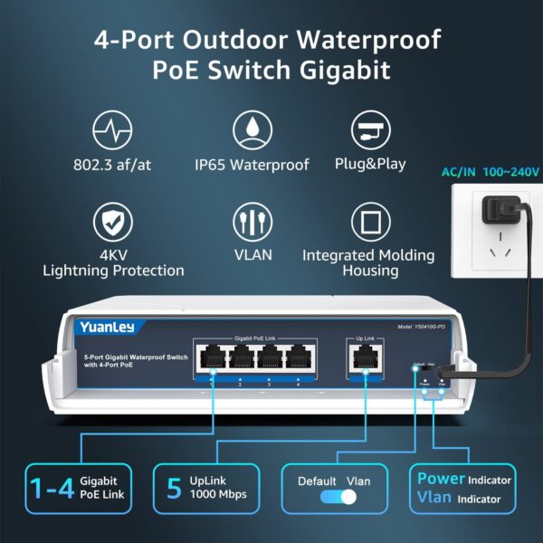 YuanLey 4-Port PoE-Switch Gigabit Outdoor