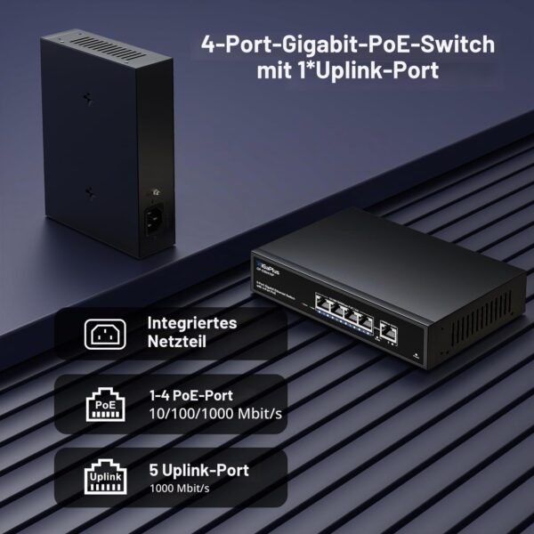 GigaPlus PoE-Switch 5 Port Gigabit, 4 PoE+ Ports, unmanaged, Metallgehäuse
