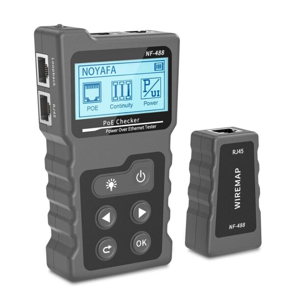 Der VXSCAN NF-488 zeigt Kurzschluss, Querverdrahtung und Unterbrechungen im Kabel an. Die PoE-Funktion prüft die Versorgung der Geräte.